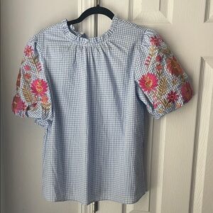 Embroidered Blue Gingham Top